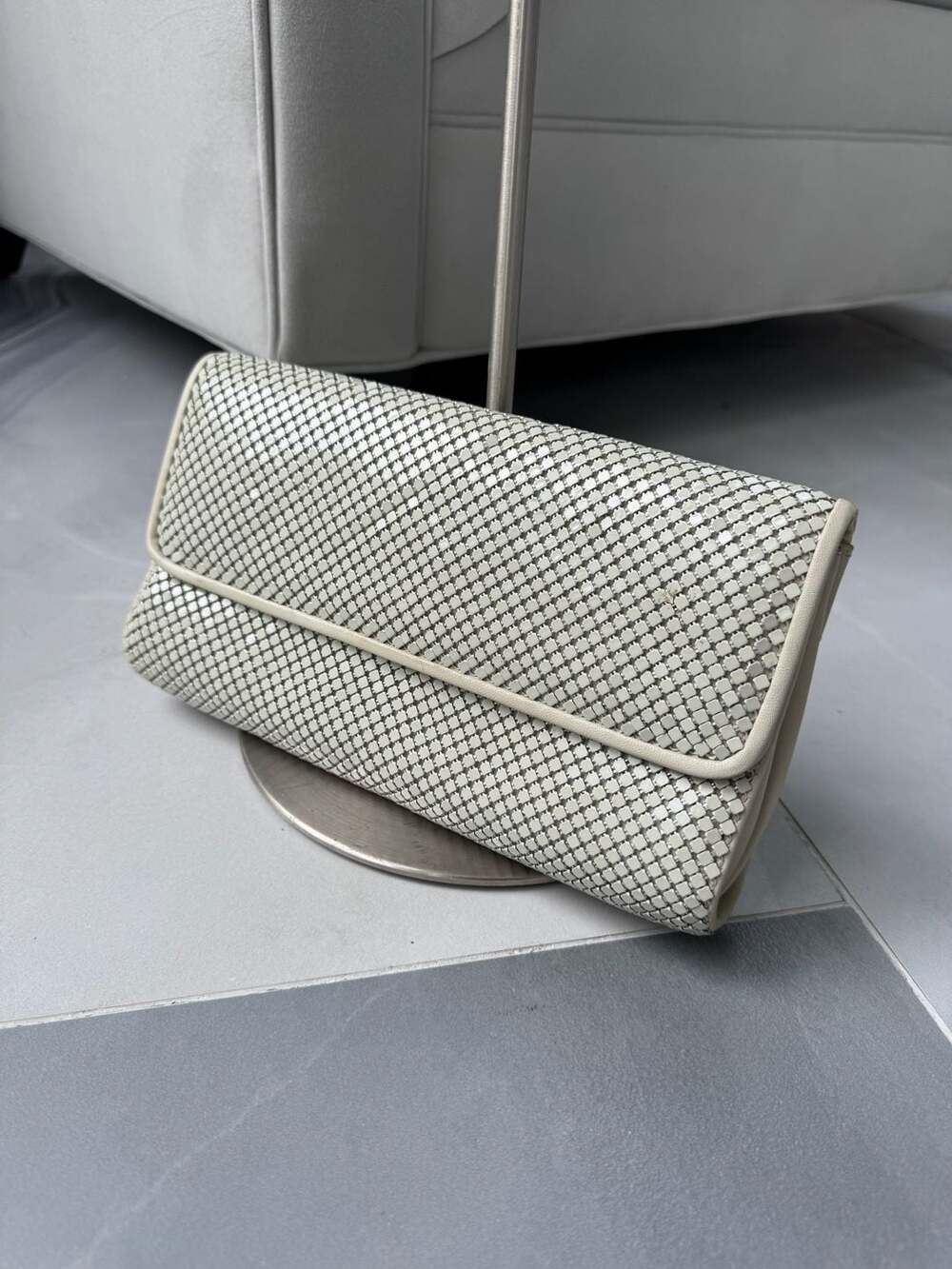 Vintage Whiting and Davis Cream Mesh Convertible Clutch Crossbody Bag